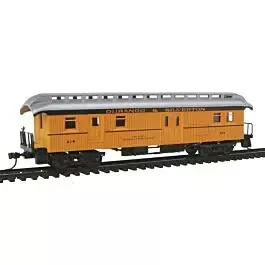 1880s Wood Open-Platform Baggage-RPO - Ready to Run -- Durango & Silverton #214 (yellow, orange)