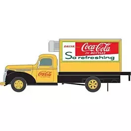 1941-1946 Chevrolet Reefer Delivery Truck - Assembled - Mini Metals(R) -- Coca-Cola (yellow, red, white; "So Refreshing" Slogan)