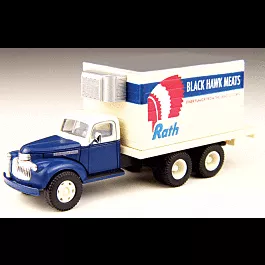 1941-1946 Chevrolet Reefer Truck - Assembled - Mini Metals(R) -- Rath Packing - Black Hawk Meats (White, blue, red)