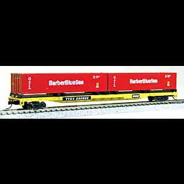 89' Flatcar w/2 Containers - Ready to Run -- TTX Flat (yellow, black), Barber Blue Sea Containers (red)