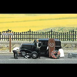 Complete Miniature Scene -- "Broken Down Hearse" - Includes 2 Figures, Hearse, Coffin, Headstone & Wre