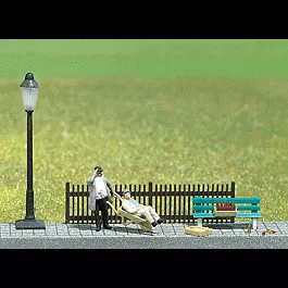 Complete Miniature Scene -- "Fathers Day At The Park" - 2 Figures, Wheelbarrow, Beer Case, Bench & Lam