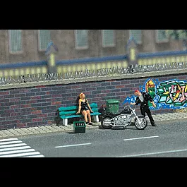 Complete Miniature Scene -- "Rocker Date" - Includes: Motorcycle, 2 Figures, Bench & Trash Bin