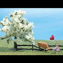 Complete Miniature Scene -- "Spring Feelings" - Includes Figure, Bull, Blooming Tree & Fence