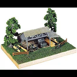 Military - Field Command Post Diorama Set/Kit -"Resting Place" -- 5 Unpainted Figures, Vehicle, Barn, Trees, Ground Cover & Base