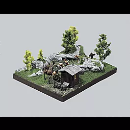 Military - Mountain Infantry Diorama Set/Kit -- 6 Unpainted Figures, 3 Pack Horses w/Gear, Hut, Ground Cover & Base