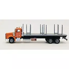 Peterbilt 367 Flatbed Log Truck with Removable Stakes - Assembled -- Orange, Silver