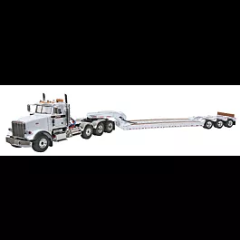 Peterbilt Model 367 Tractor (Die Cast Metal) -- With Tri-Axle Lowboy Trailer Case Construction (white)