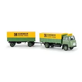 Scania LB 76 Low-Side Truck with Trailer - Assembled -- Schenker Goteberg (green, yellow, German Lettering)