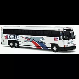 Vintage Bus Lines(tm) - Buses - MCI 102 DL3 Long-Distance Coach -- Greyhound TNM&O Lines (white, blue & red stripes, flag & dog logo)