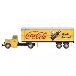 White WC22 Tractor with 32' Aerovan Trailer - Assembled - Mini Metals(R) -- Coca-Cola (yellow, red, green)