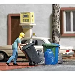 Woman Taking Out Trash Bin - Action Set -- Figure, 3 Bins, 4 Garbage Bags